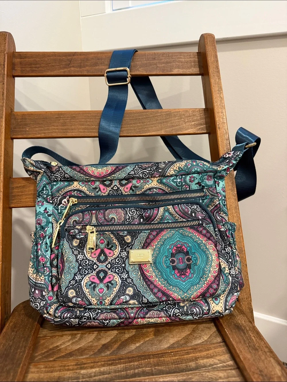 Yuesite Paisley Crossbody Bag Multicolor Teal Pink Navy Multiple Pockets